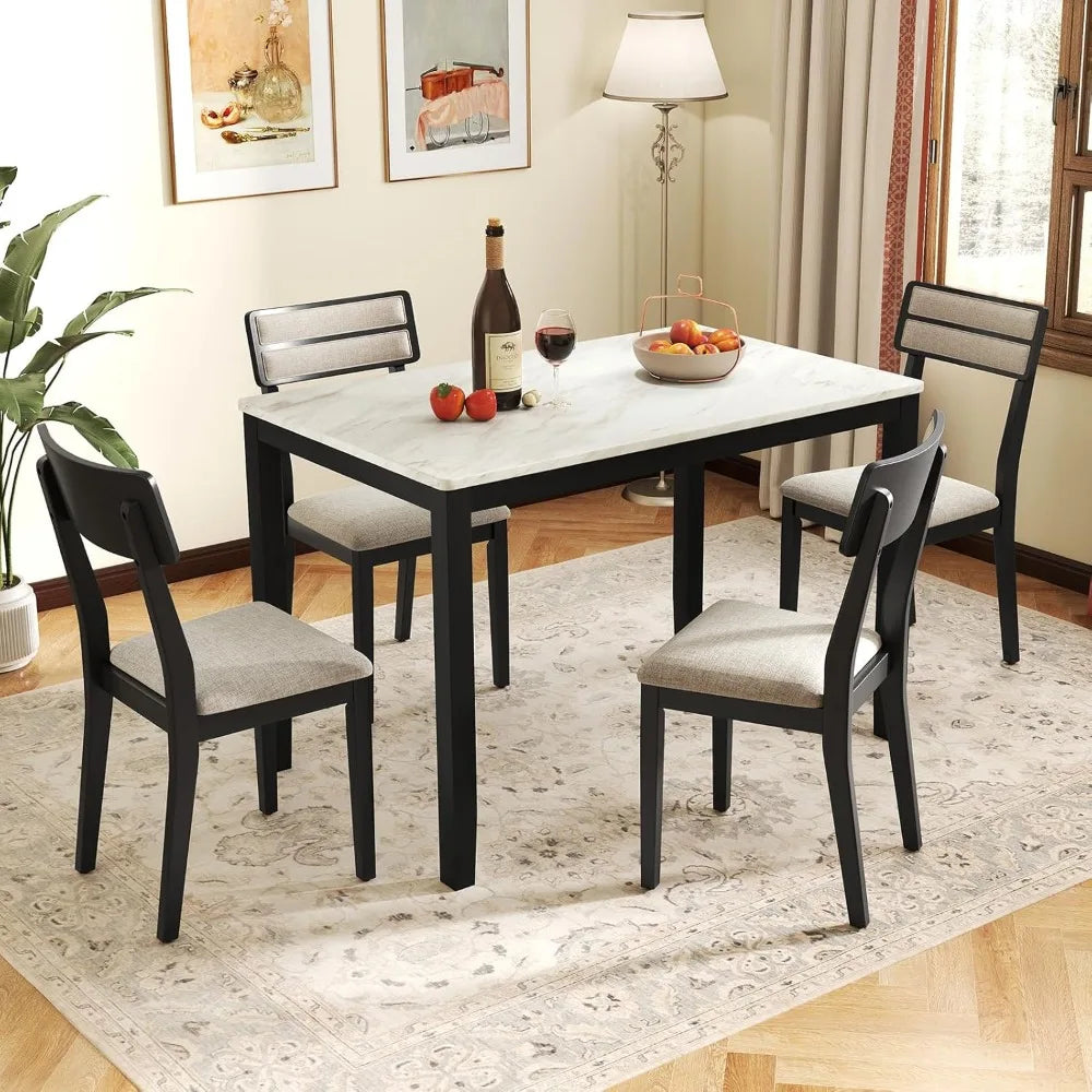 Dining Table Set for 4, Dinette Set W/Faux Marble Tabletop, 4 Padded Seat, Rubber Wood Legs, Curved Backrest