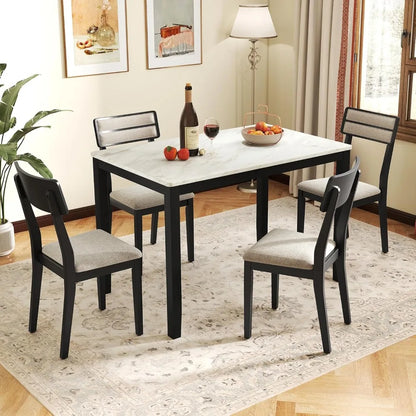 Dining Table Set for 4, Dinette Set W/Faux Marble Tabletop, 4 Padded Seat, Rubber Wood Legs, Curved Backrest