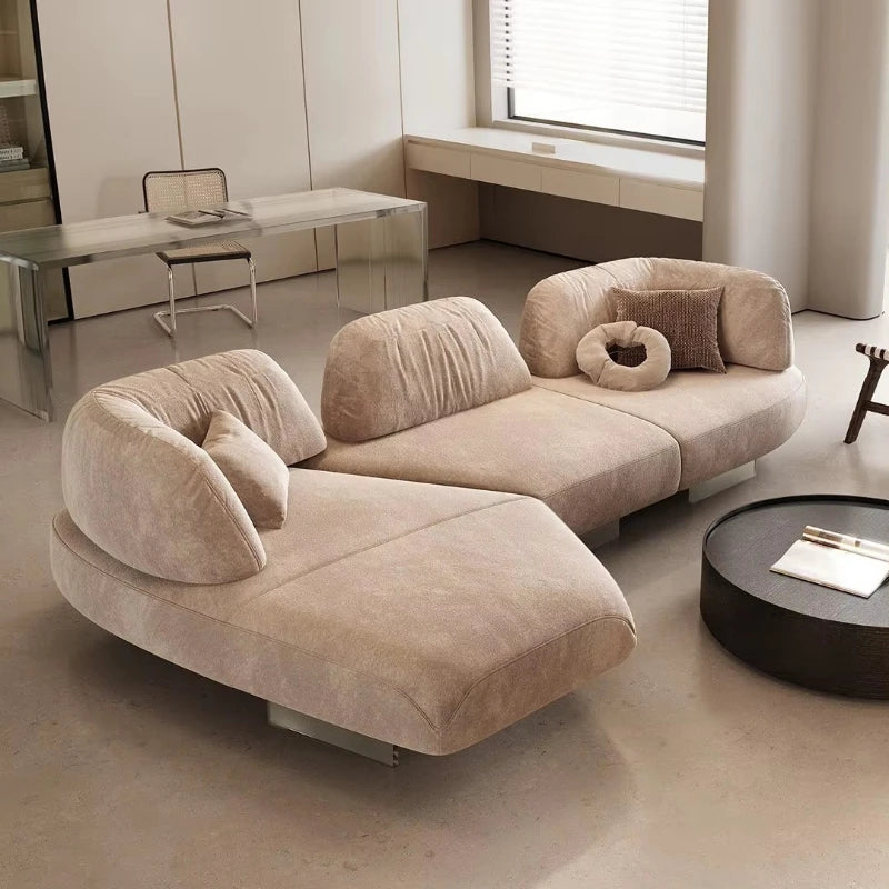 Luxury modern curved combination sofa, cream teddy velvet fabric, cloud shape