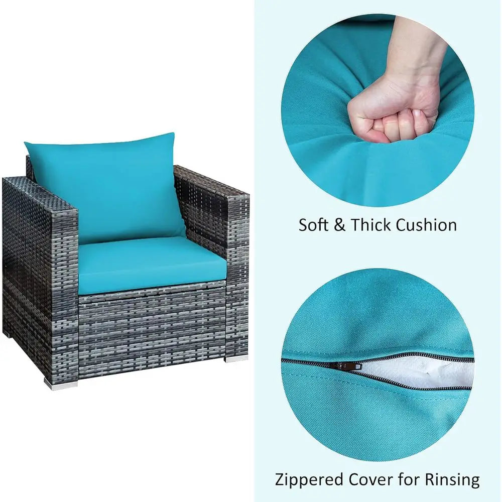 3-Piece Outdoor Patio Furniture Set with PE Rattan, Washable Cushions, and Tempered Glass Top, Ideal for Garden, Poolside, or Ba