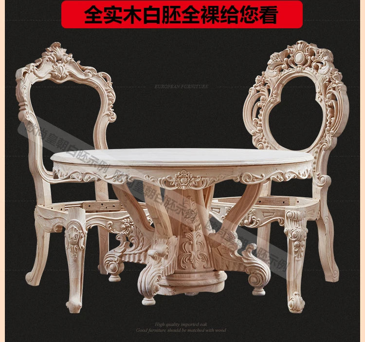 European dining table marble surface full solid wood carving flower home table and chair combination