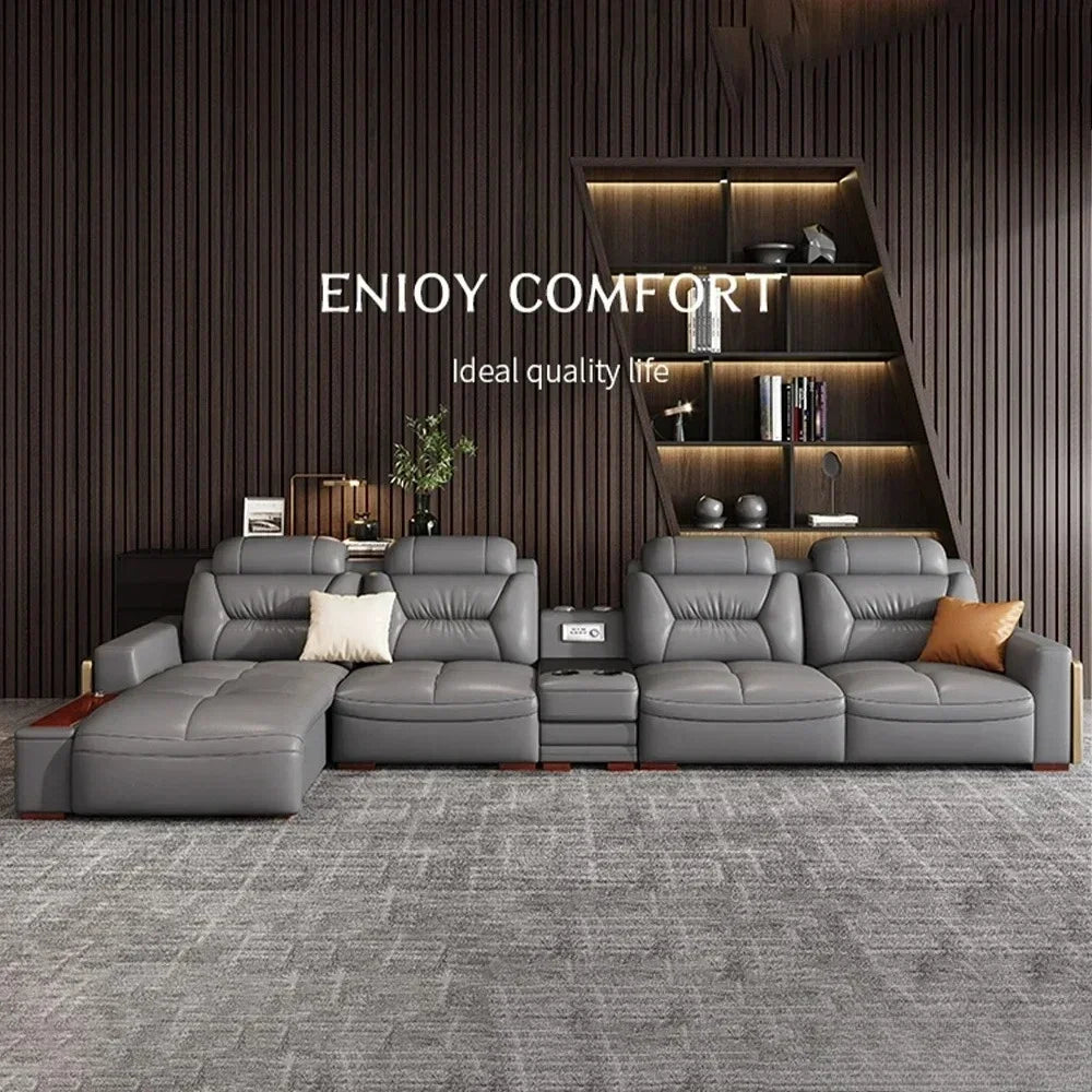 Premium Italian Genuine Leather Sectional Sofa Sets Couch Sofas with USB and Bluetooth Speaker - MANBAS Living Room Furniture