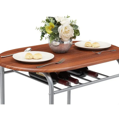 Premium 3 Piece Wood Round Table & Chair Set for Dining Room Kitchen Bar Breakfast, with Wine Storage Rack, Space Saving