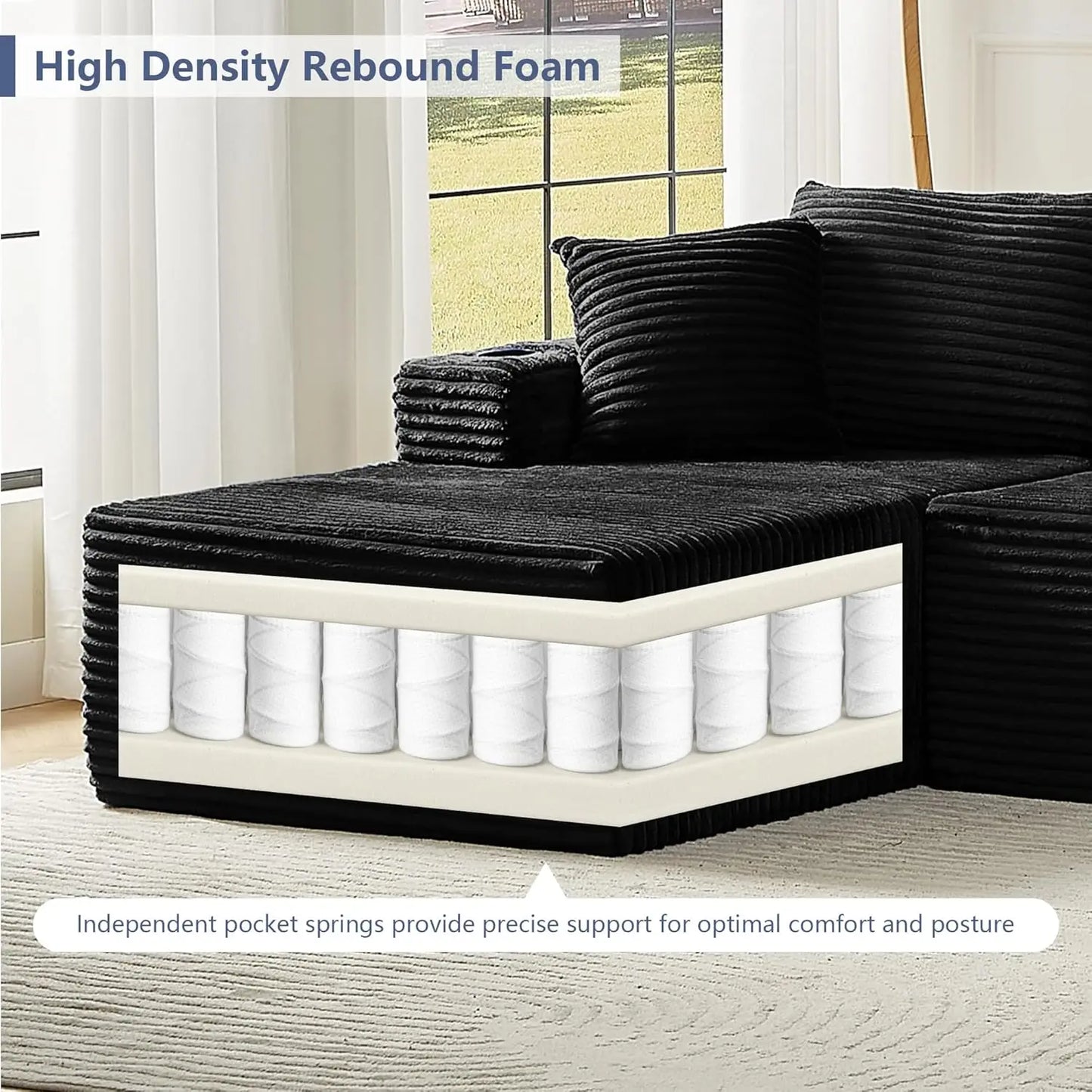 133.5" Black Corduroy Boneless Sectional Couches for Living Room, Oversized Plush U Shaped Cloud Couch Modular Sectional Sofa wi