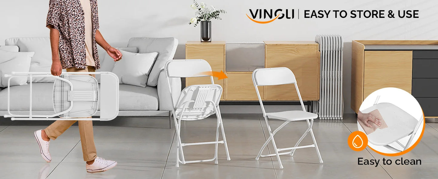 8 Pack White Plastic Folding Chair, Indoor Outdoor Portable Stackable Commercial Seat with Steel Frame 350lb.