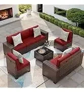 QAZ8-7 Piece Patio Furniture Set Fire Pit Table. Outdoor Conversation Sets Wicker Rattan Sectional Sofa with Coffee TSZ