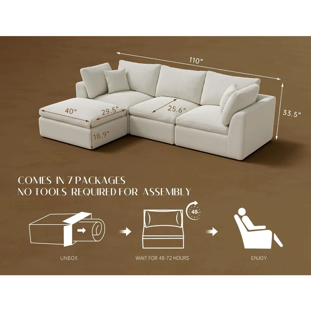 White cloud shaped sofa with L-shaped lounge chair, modern modular sofa with deep seat, suitable for living room, bedroom