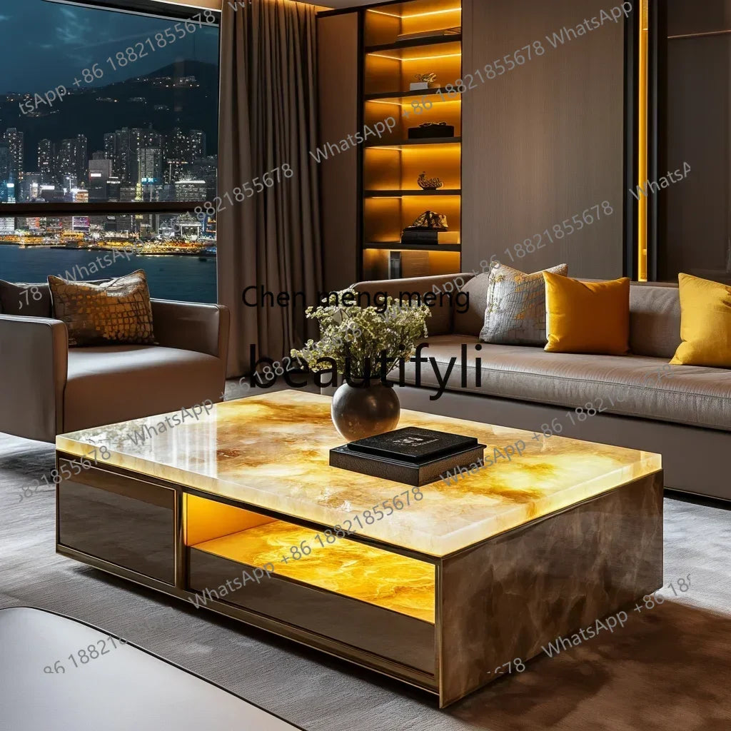 11Customized square modern luminous jade coffee table living room design large flat luxury stone villa marble home
