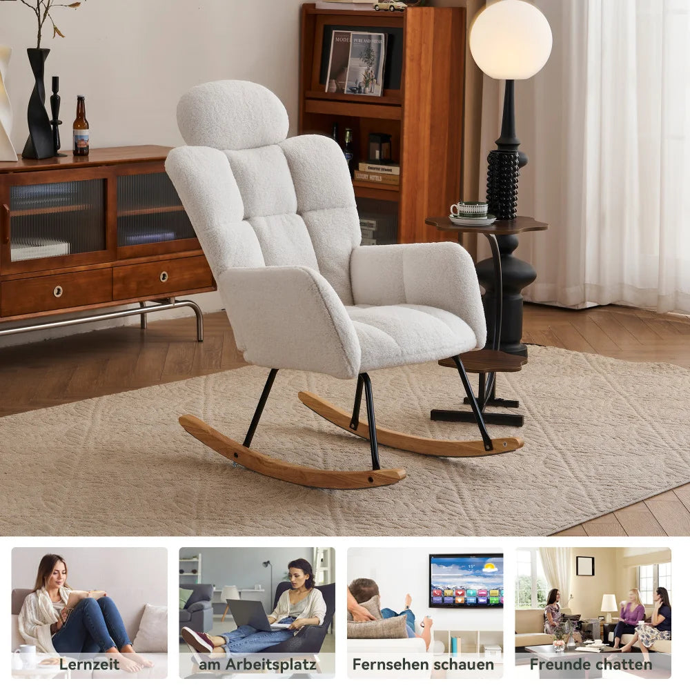Modern Swing Chair in Teddy Fabric with Tufted Cover Upholstered Seathigh backrest for Living and Bedroom