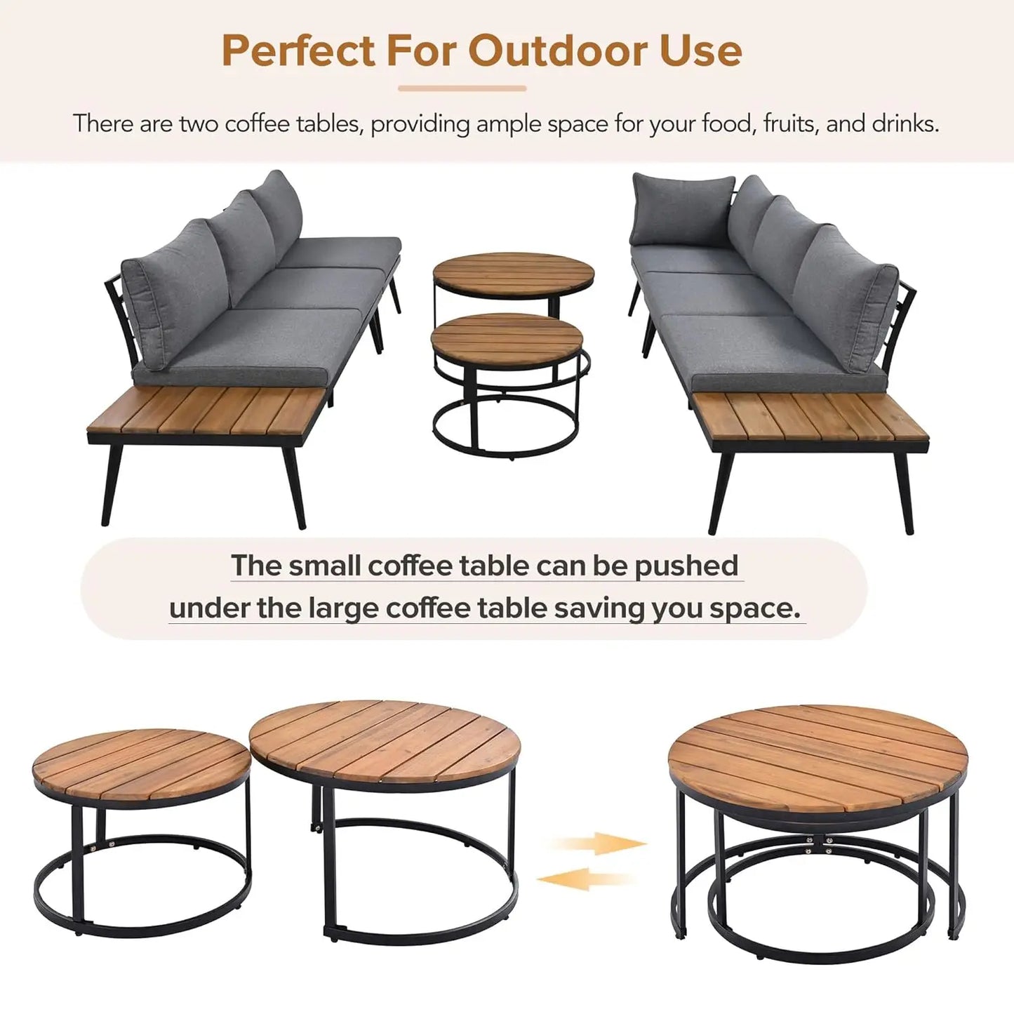 Modern Patio Furniture Set, 6-Piece Outdoor Sectional Sofa Set with Round Nesting Coffee Tables and Seating Sofa, Customized