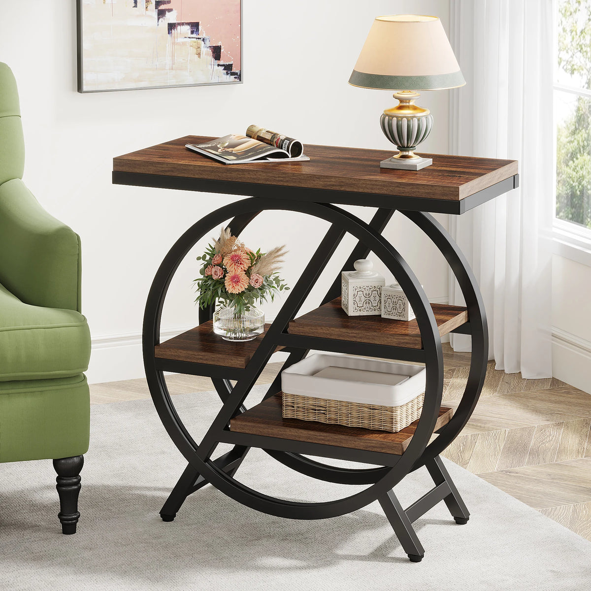 Tribesigns End Table for Living Room, 3-Tier Narrow Side Table with Storage, Wood Sofa Side Table with Geometric Metal Frame