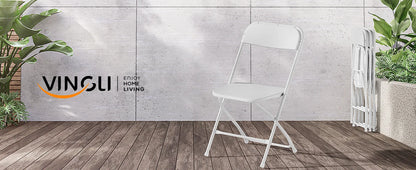 8 Pack White Plastic Folding Chair, Indoor Outdoor Portable Stackable Commercial Seat with Steel Frame 350lb.