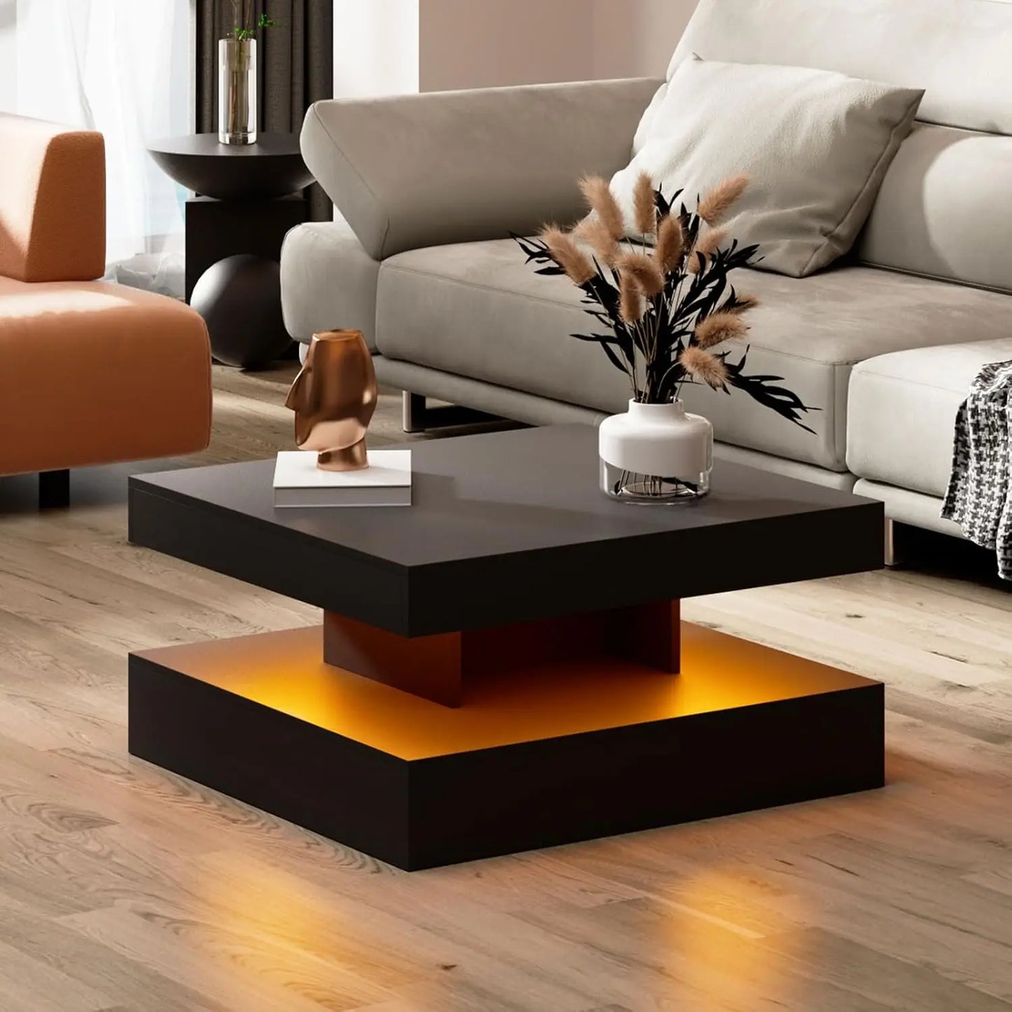 Red LED Coffee Table for Living Room, Living Room Table 2-Tier Square Modern High Glossy Contemporary Wood Coffee Tables