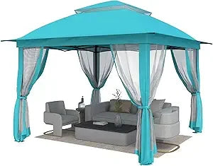 11'X11' Gazebo Pop Up with 4 Sidewalls Mosquito Netting, Heavy Duty Patio Gazebo Canopy Tent with Double Air Roofs for Backyards