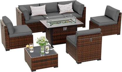 8 Pieces Outdoor Furniture Sectional Rattan Sofa with Fire Pit Table, Patio Couch with Glass Coffee Table for Backyard Garden