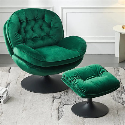 Velvet Swivel Armchair Set with Ottoman for Living Room - Modern Tufted Accent Chairs with 360° Swivel & Footrest - Comfy Chais