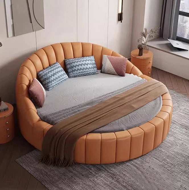 modern simple round bed leather double apartment master bedroom princess bed marriage base de cama king size home furniture