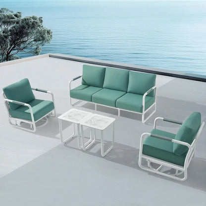 Outdoor Aluminum Patio Furniture Set, 5-Seats Patio Conversation Sofa Set with 2 Swivel Rocking Chairs and 2 Coffee Tables,