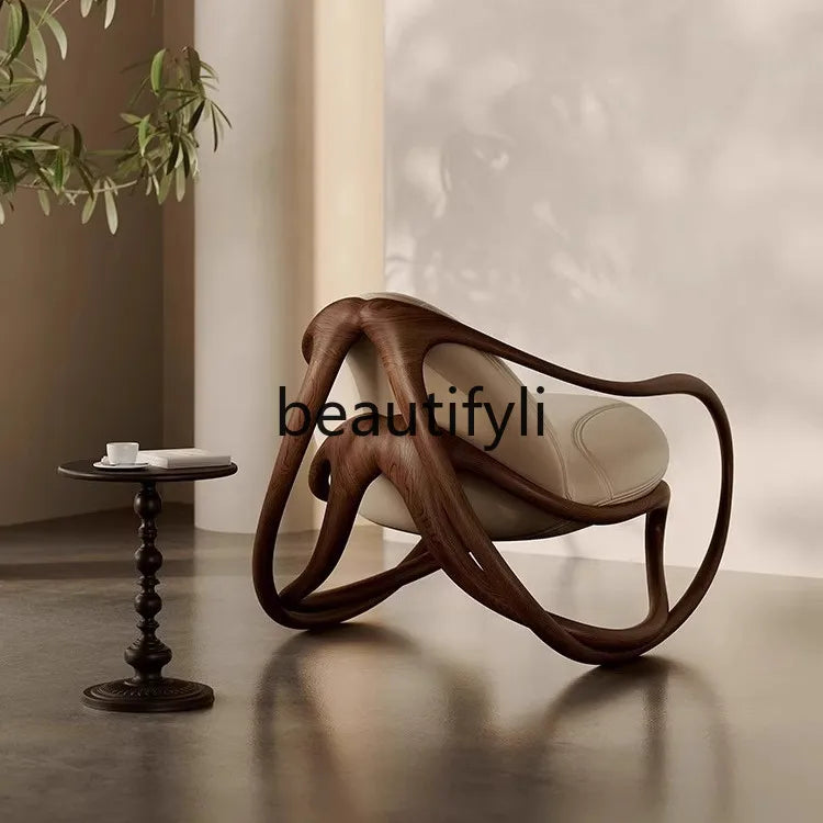 Italian leather sofa, solid wood black walnut balcony, leisure lounge chair, living room rocking chair