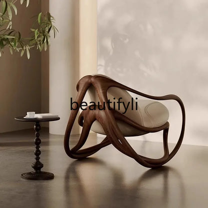 Italian leather sofa, solid wood black walnut balcony, leisure lounge chair, living room rocking chair