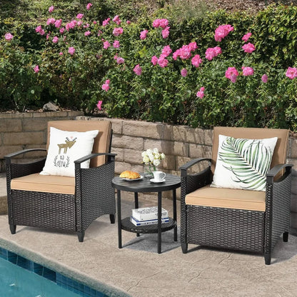 3 Pieces Rattan Wicker Patio Conversation Set with Coffee Table, Cushions, Sturdy Steel Frame, Outdoor Furniture Set