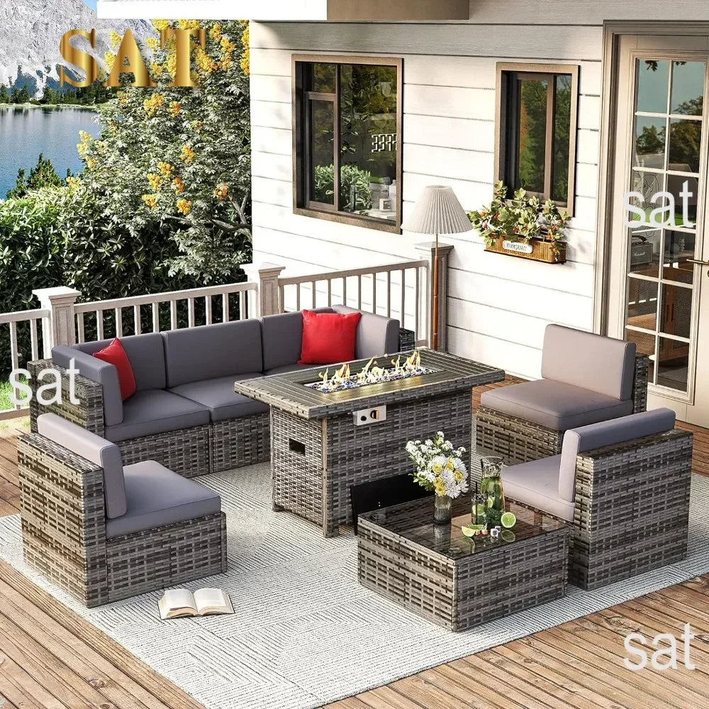 /Outdoor Patio Furniture 8 Pieces Set with 40" Fire Pit Table, Wicker Rattan Sectional Conversation Set with Coffee Table