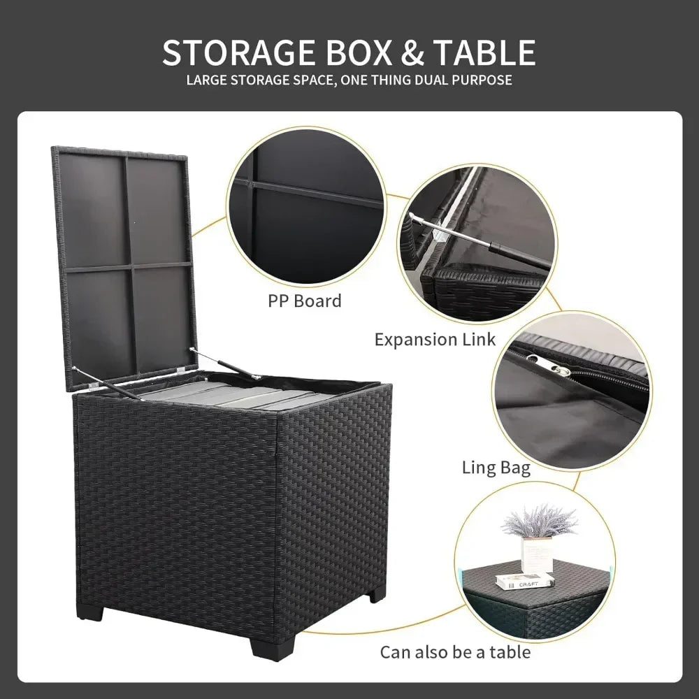 Outdoor PE Wicker Furniture Set 4 Piece Black Rattan Loveseat Couch Set With Storage Box Glass Top Table And Non-Slip Cushion