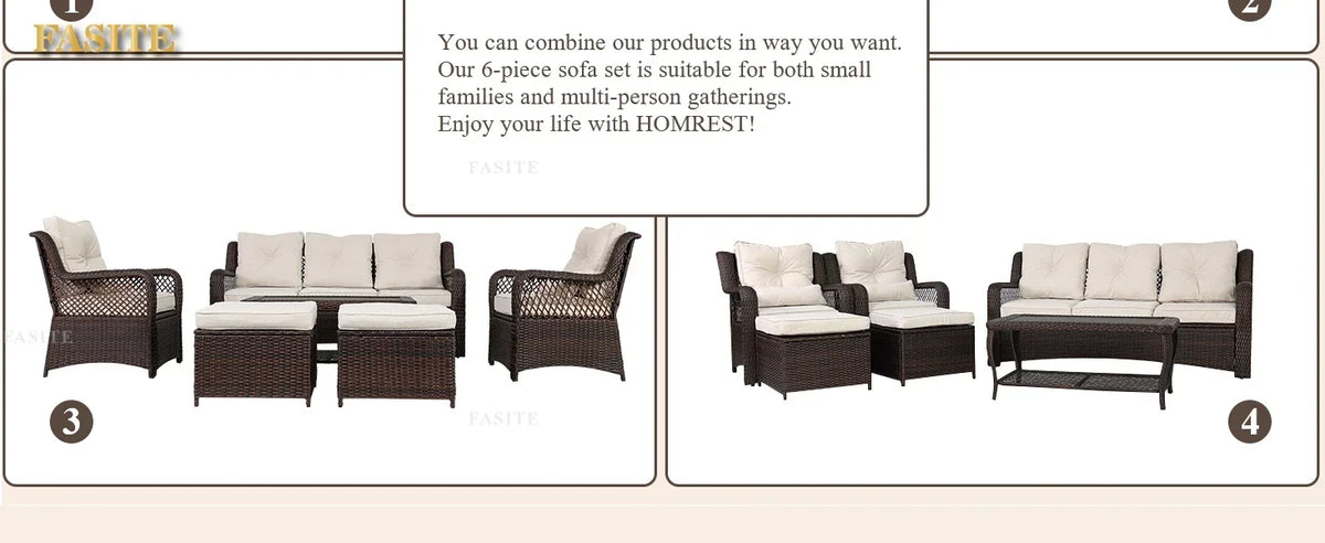 Long - lasting 6 Pieces Patio Furniture Set, Wicker Outdoor Patio Sets, Sectional Rattan Sofa Chairs with Coffee Table