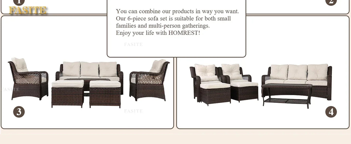 Long - lasting 6 Pieces Patio Furniture Set, Wicker Outdoor Patio Sets, Sectional Rattan Sofa Chairs with Coffee Table