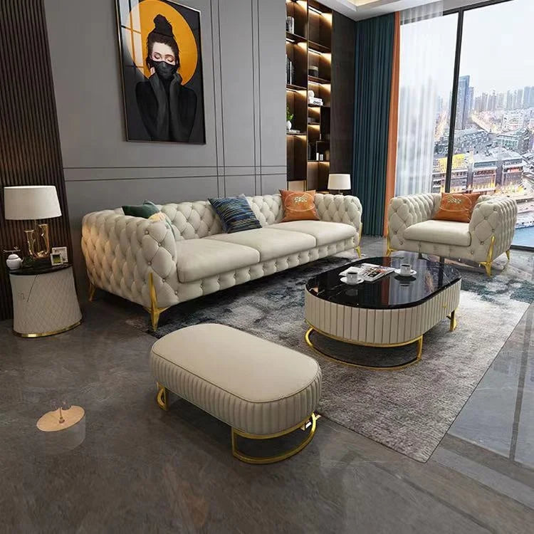 leather sofa setLight luxury sofa combination high-end living room furniture  Italian stainless steel modern art