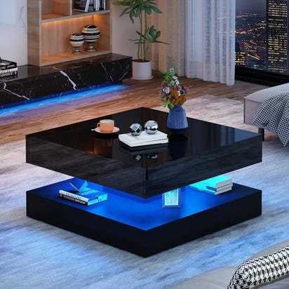 LED Coffee Table with Storage, Modern High Glossy Living Room Table w/2 Drawers,Double-Layer