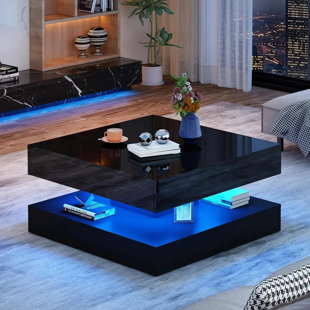 LED Coffee Table with Storage, Modern High Glossy Living Room Table w/2 Drawers,Double-Layer