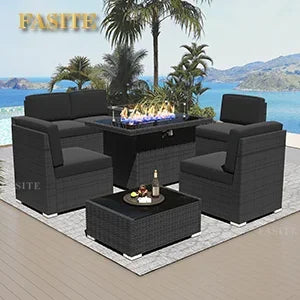 7-Piece Outdoor Patio Furniture with 44-inch Fire Pit Table Rattan Sectional Sofa Conversation Set