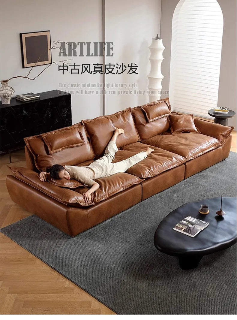 Sailing sofa retro oil wax leather super wide sitting depth adjustable backrest antique living room straight row sofa