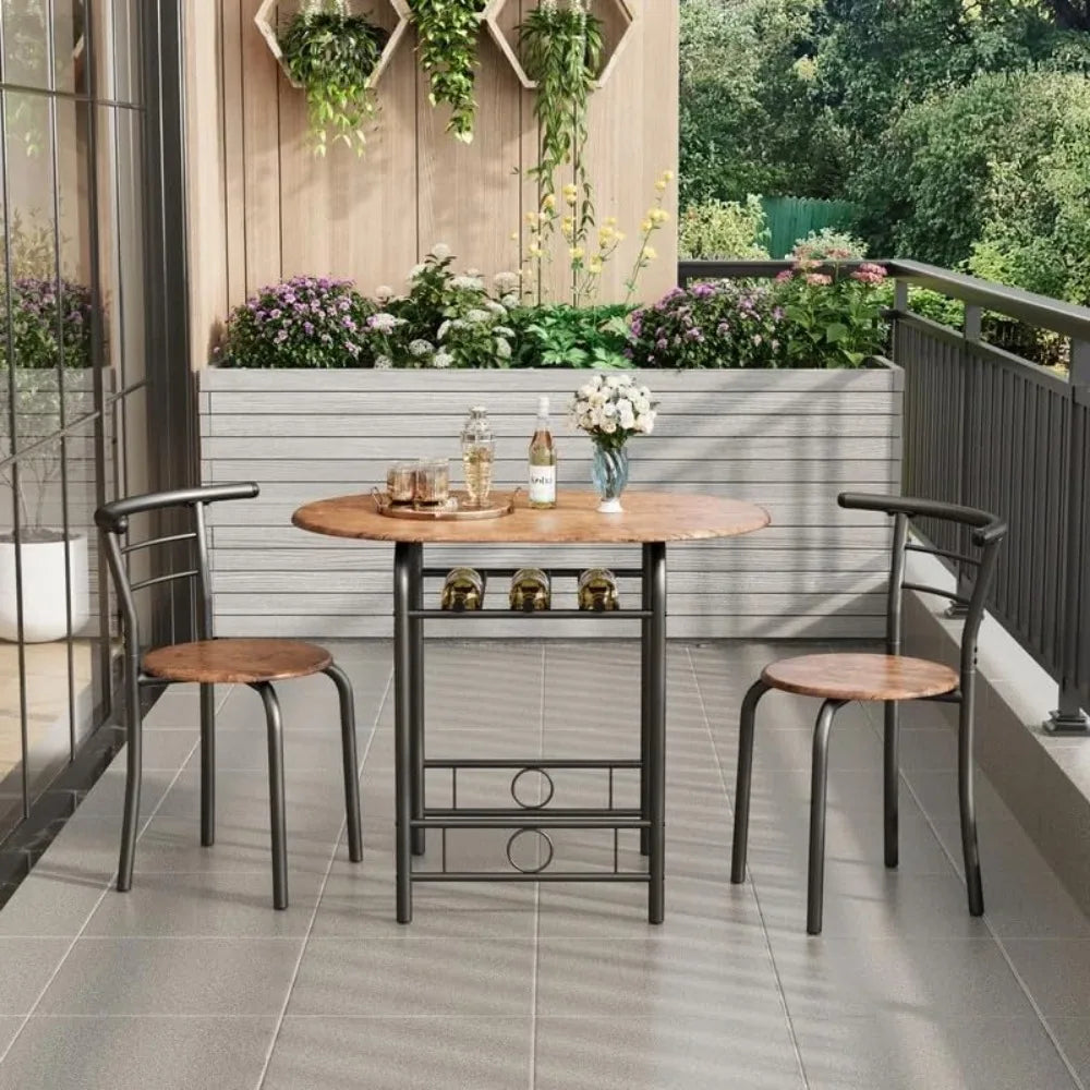 3-Piece Wooden Dining Table Set, Kitchen Breakfast Nook Sets with 2 Chairs & Round Tabletop, Brown