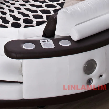 Modern Luxury Genuine Leather Sectional Sofa Set with Speaker and USB, U-Shaped Design Living Room Couch with Storage Shelves