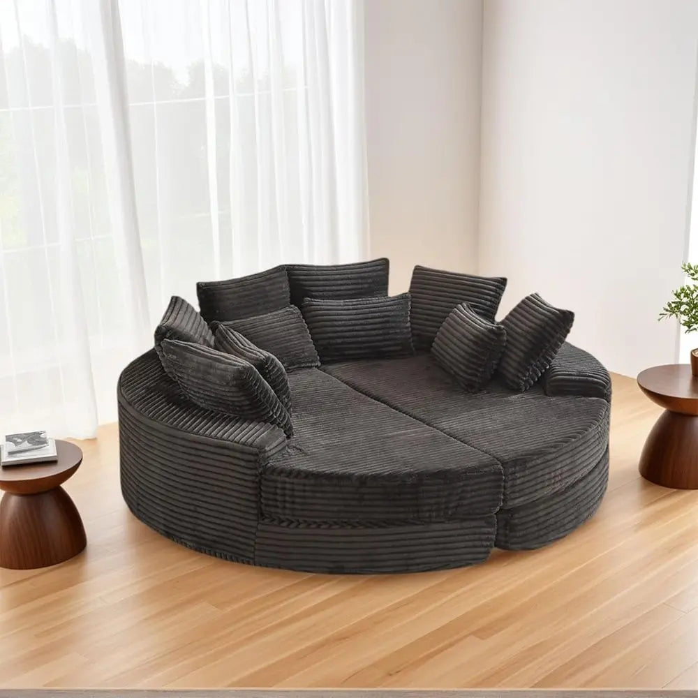 Oversized Corduroy Sofa with Recliners, 2-in-1 Bed, Lounge Chair, Neck Pillow, 5 Throw Pillows (Black)