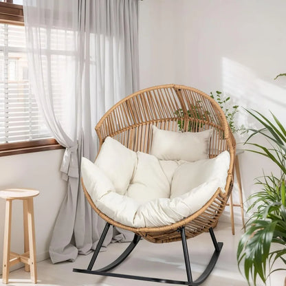 Hot-Large Cushioned PE Rattan Rocking Chair For Indoor And Outdoor Use: Perfect For Patios And Balconies