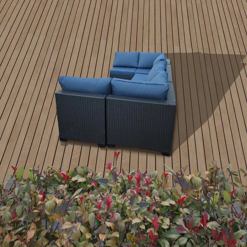 7-Piece Rattan Outdoor Furniture Set with Blue Cushions, Sofa Chairs and Table