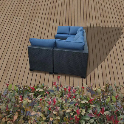 7-Piece Rattan Outdoor Furniture Set with Blue Cushions, Sofa Chairs and Table