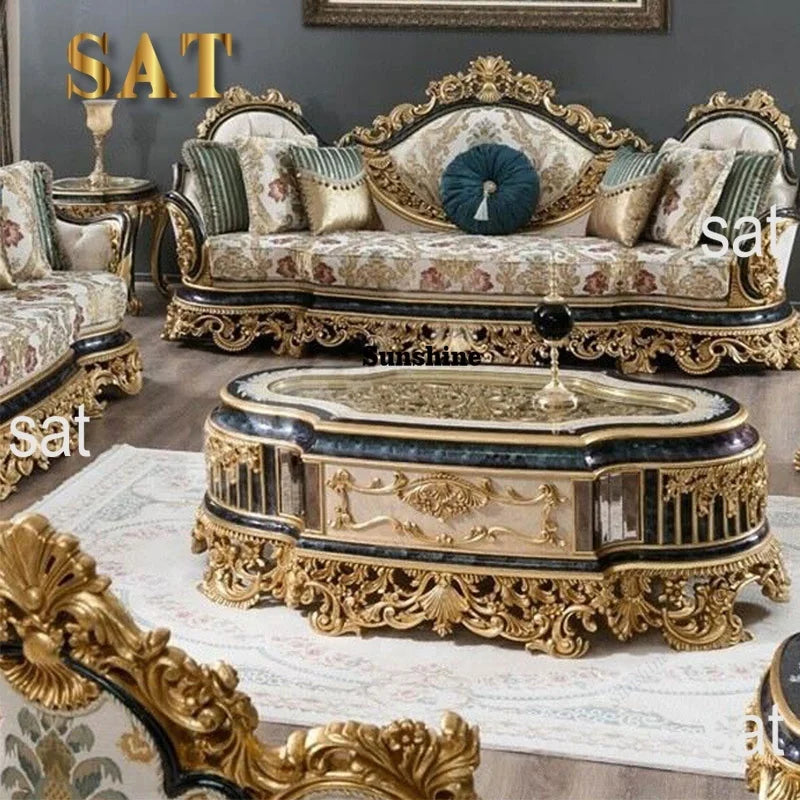 For Turkish Style Royal Antique Carved Solid Wood Sofa Set European Luxury Classic Home Living Room Furniture Sectional Sofa