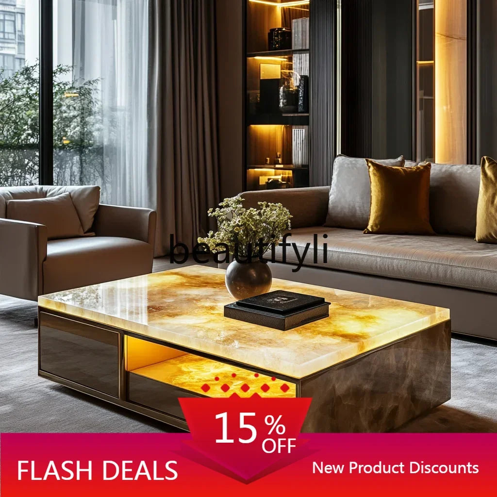 11Customized square modern luminous jade coffee table living room design large flat luxury stone villa marble home