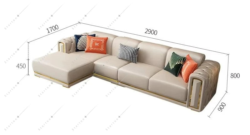 Wholesale Luxury Modern Gold Leg Genuine Leather Sectional L Shape Sofa for Living Room Reclinable Corner Sofa Set Furniture