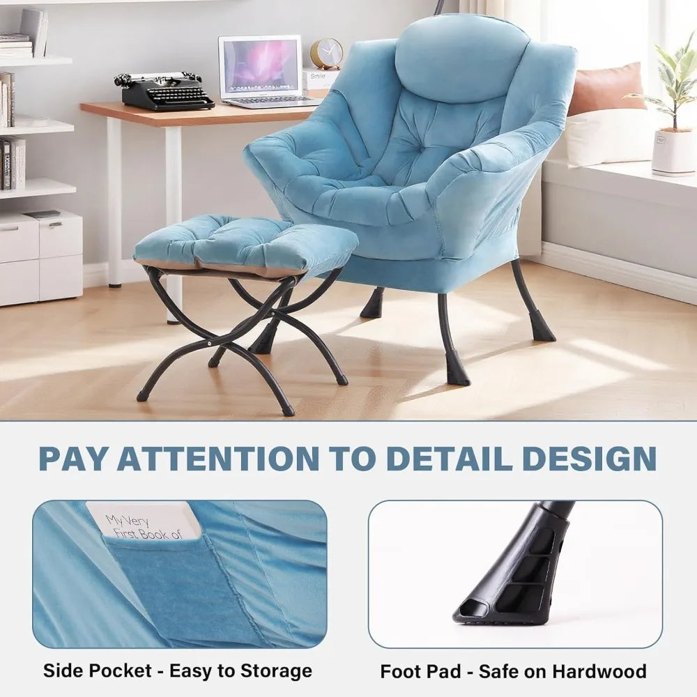 Modern Velvet Lounge Chair with Ottoman, Comfy Reading Armchair with Footrest for Living Room, Bedroom, Dorm