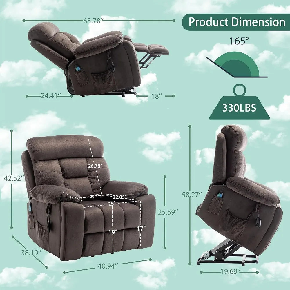 Lift Recliner for Big and Tall Seniors: 9689 High Density Foam Lift Chair with Heat and Vibration Massage, 2 Side Pockets, 2 Cup