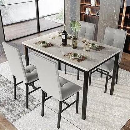 4-person Dining Table Set, Modern Artificial Marble Dining Table with 4 PU Leather Chairs, 5-piece Small Dining Table Set