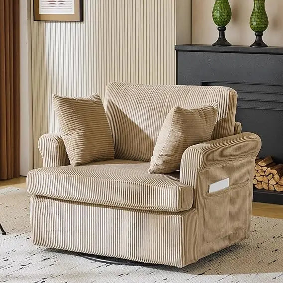 39 Swivel Accent Chair,Oversized Seat Armchair W/2 Pillows and 4 Pockets,Modern Upholstered Corduroy Barrel Chairs,Com