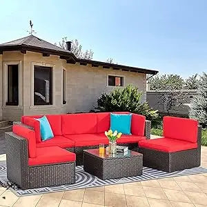 6 Piece Patio Furniture Set, Small Outdoor Sectional Sofa Couch, All Weather PE Wicker L-Shaped Corner Patio Sofa Garden Backya