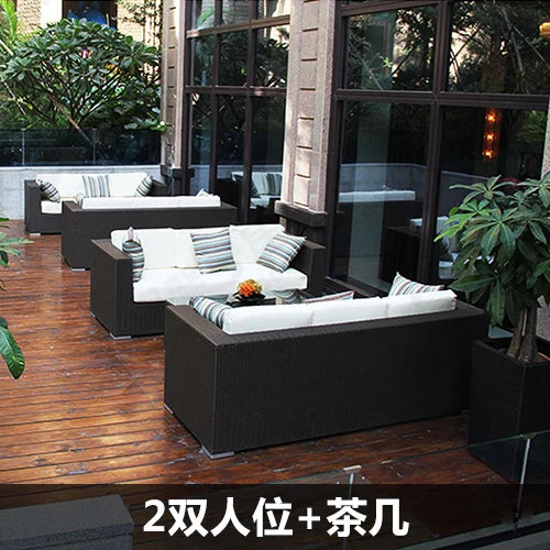 Outdoor rattan sofa, rainproof and sunscreen woven three piece set, tea table combination, outdoor furniture