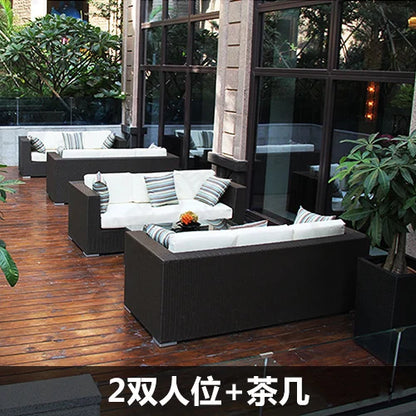 Outdoor rattan sofa, rainproof and sunscreen woven three piece set, tea table combination, outdoor furniture